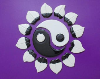 PQ - Azulejos de mosaico circulares YIN-Yang LOTUS pretos e brancos - Conjunto de azulejos de cerâmica