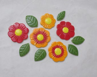 BC - 11 pc Red, Orange FLOWERS, LEAVES - Ceramic Mosaic Tiles