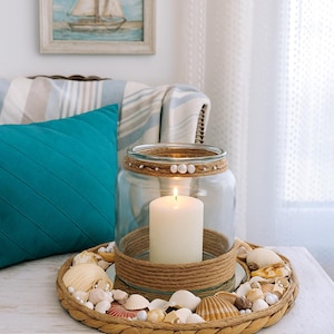 Coastal Seashell & Rope Glass Jar Centrepiece – Nautical Beach Home Decor, Rustic Ocean-Inspired Candle Holder