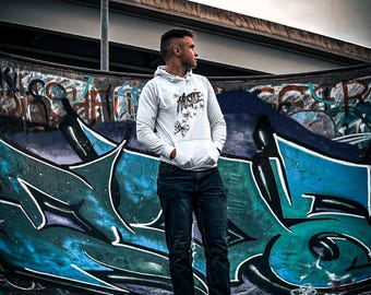 Hustle White / Black Hoodie | Classic Fit with Bold Sleeve Design | Unisex Streetwear Pullover | Durable Cotton-Poly Blend Sweatshirt
