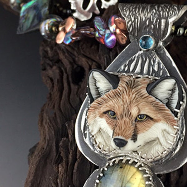 Himself Red Fox custom sterling silver and porcelain fox pendant necklace SRA Laura Mears focal