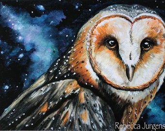 Moon Goddess Tawny Owl watercolor fine art print signed and numbered Prints ONLY