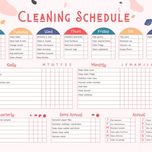May include: A pink and white cleaning schedule chart with a weekly, monthly, quarterly, semi-annual, and annual checklist. The title "CLEANING SCHEDULE" is in a decorative font. The chart includes tasks like dusting, vacuuming, and cleaning.