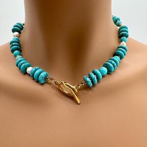 4*12 mm Turquoise Disc Bead Necklace, Collar Necklace, Turquoise and Baroque Pearl Necklace ，N11