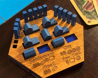Catan Organizer Gift Settlers of Catan Piece Holder Acrylic and Wood. Personalized Settlers Gift and Cheat Sheet.