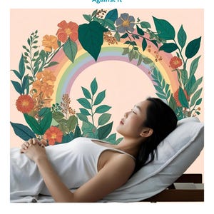 May include: Image of a person lying down with eyes closed, wearing a white tank top. The background features a floral design with a rainbow and the text "ADHD Life Rhythms Toolkit". The text also reads "Build a Daily Routine That Works with Your Brain-Not Against It".