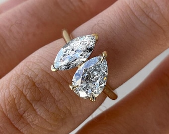 Toi Et Moi Moissanit-Verlobungsring mit 4,0 ct, Birnen- und Marquiseschliff, handgefertigter Brautring, Verlobungsring „Für immer Liebe – Du & Ich“