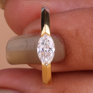 1.5ct Marquise Cut East To West Set Lab Grown Diamond Solitaire Ring, IGI CVD Diamond Engagement Ring, Half Bezel Setting, Flush Set Ring