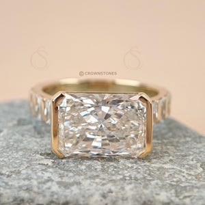 3 CT Radiant Cut East West Half Bezel Moissanite Engagement Ring, Radiant Cut Side Stones Anniversary Gift For Her, Proposal Ring for Her
