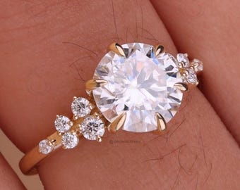 2 CT Round Cut Moissanite Engagement Ring, Six Prong Gold Ring with Side Stone Accent, Twig Style Dainty Fashion Ring, Promise Ring for Her