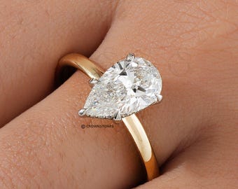 1.50ct Pear Cut E VVS2 Lab Grown Diamond Ring, Pear Shaped Engagement Ring, Wedding Ring, Minimalist Ring, 14K Two Tone Gold Ring for Her