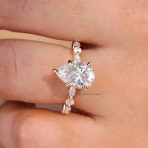Pear Cut Moissanite Engagement Ring, Round Marquise Accent Stones, Anniversary Gift for Her