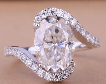 Unique 3.5 TCW Oval Cut Moissanite Swirl Up To Encircle Bypass Ring, 14k Yellow Solid Gold  Engagement Ring & Wedding Ring Gift for Her