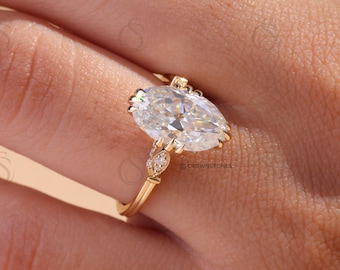 14K Yellow Gold Old Mine Moval Cut Moissanite Engagement Ring, Vintage Milgrain Cathedral Set