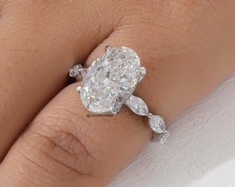 Tulip Set 2.5ct Oval Cut Lab Diamond Engagement Ring, Unique Shared Bubble Prong, 14K White Gold Hidden Halo Ring, Promise Ring Gift for Her