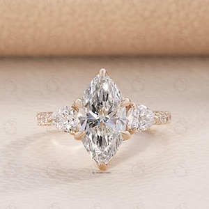 Three Stone Marquise Cut Lab Grown Diamond Engagement Ring, 14K Yellow Gold Side Pear Diamond & Unique Pave Set Trilogy Ring, Promise Ring