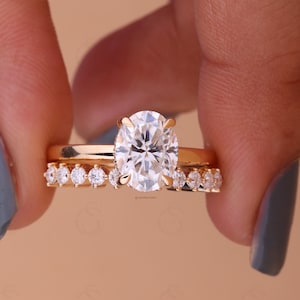2ct Oval Moissanite Engagement Ring Set: Art Deco 14k Gold Bridal Set