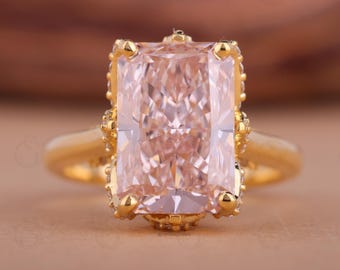 Pink Radiant Cut Lab Grown Diamond Engagement Ring, 14K Gold Tulip Hidden Halo, Vintage Inspired Bridal Ring, Handmade Promise Gift for Her