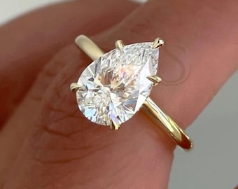 3.50 CT Pear Cut Moissanite Engagement Ring 14K Solid Gold Hidden Halo Diamond Ring Pear Cut Solitaire Ring Dainty Promise Anniversary Ring