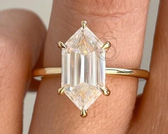 3.00 CT Elongated Hexagon Cut Moissanite Engagement Ring Handmade Hexagon Hidden Halo Diamond Ring Dainty Anniversary Gift for Women
