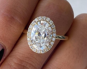 2.5 TCW Oval Cut Moissanite Engagement Ring, 14K Gold Halo Bridal Wedding Diamond Ring, Classic Anniversary or Promise Ring for Women