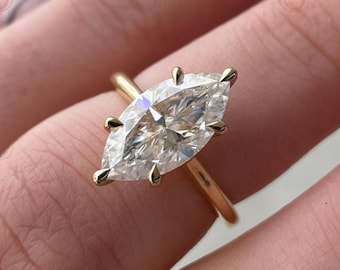 2.0 Carat Marquise Cut Moissanite Engagement Ring, 14K Yellow Gold Solitaire Ring, Handmade Bridal Ring, Promise Stackable Ring for Her