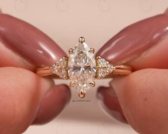 Marquise Moissanite Engagement Ring, 14K Yellow Gold Cluster Diamond, Unique Proposal Ring