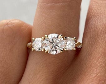 Three Stone Twisted Pave Moissanite Engagement Ring, Round Cut Trilogy Ring, 14K Yellow Gold Bridal Ring, Handmade Promise Anniversary Gift