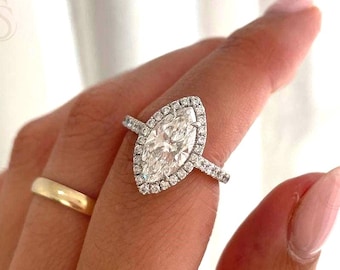 Marquise Moissanite Halo Engagement Ring, Pave Set Diamond Proposal Ring for Her