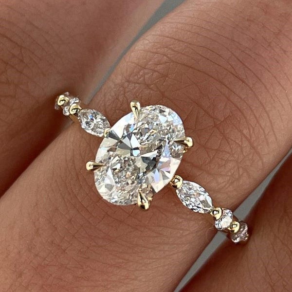 Oval Cut Moissanite Engagement Ring, 14K Yellow Gold Marquise Accents, Handmade Promise Ring