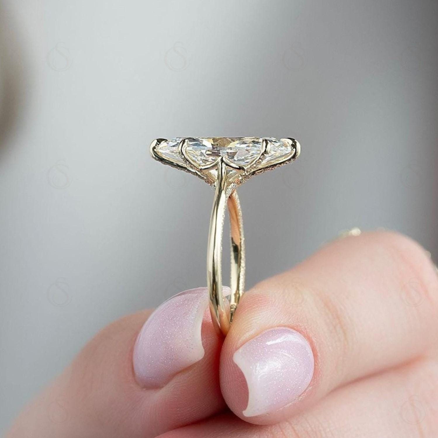 2.5 CT Marquise Moissanite Engagement Ring: 14K Gold Hidden Halo