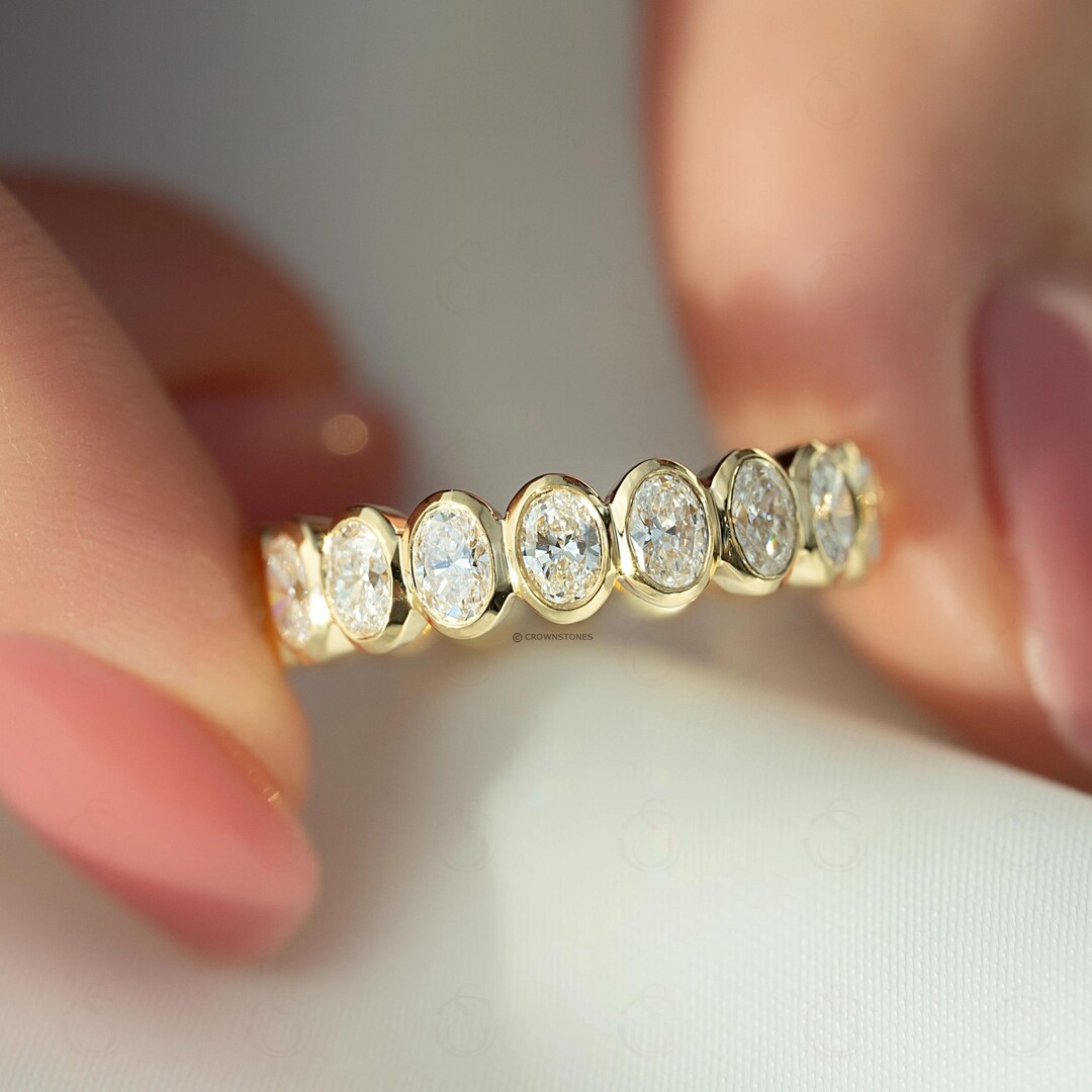 Oval Cut Bezel Set Moissanite Wedding Band: 14K Gold Full Eternity ...
