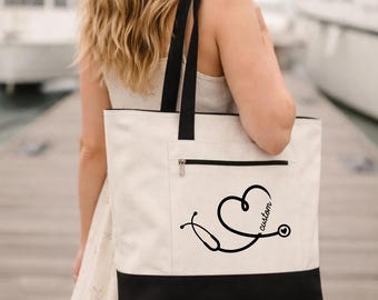 Custom Nurse Zippered Tote Bag, Personalized Nurse Gifts, Nurse Work Bag, Nurse Appreciation, Nurse Practitioner Gift, RN, LPN, CNA Gift