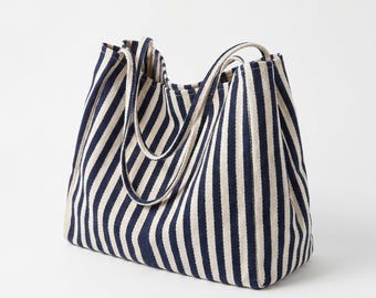 Custom Text Embroidered Striped Canvas Tote Bag, Personalized Shoulder Bag, Daily Tote, Navy Boho Hobo Bag, Retro tote bag, Casual Tote Bag