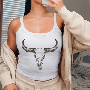 Country Crop Tank, Vintage Cowgirl Shirt, Western Crop Tank Top, Rodeo T shirt, Retro Bull Tank Top, Skull Crop Top