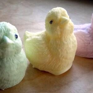 K&ouml;nnte beinhalten: Drei kleine, handgemachte Seifen-V&ouml;gel in Pastellfarben. Die V&ouml;gel sind gr&uuml;n, gelb und rosa. Sie sind wie K&uuml;ken mit flauschigem Gefieder geformt.