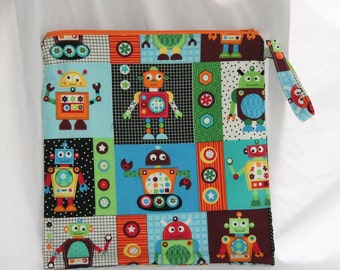 Zippered Wetbag with Snap Strap 12x12, Toy Robots, Pul Lined