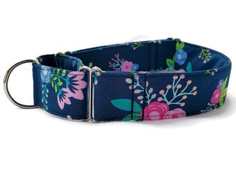 Martingale Dog Collar, Blue Floral Dog Collar, 1 inch, 1.5 inch, 2 inch