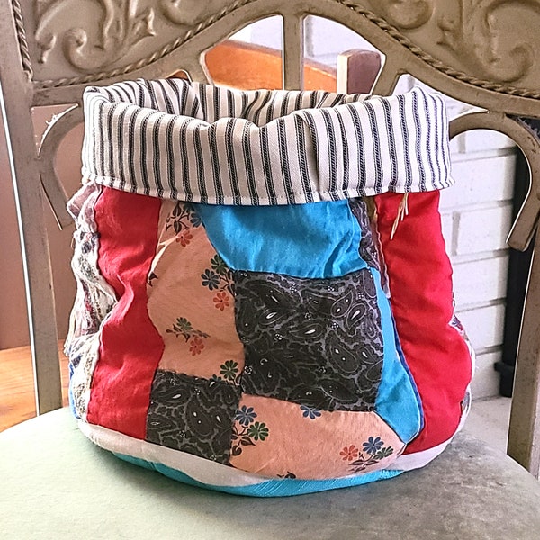 Rustic Vintage Quilt Fabric Basket, Storage Bin, Organization, Repurposed Upcycled