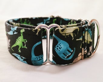 May include: A black and green dog collar with a dinosaur print and silver hardware.