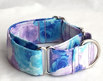 Bright Purple Blue Floral Martingale Dog Collar-1, 1.5, 2 inch