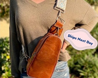 Vegan Leather Sling Bag with Guitar Strap with security flap and clip, Available in Brown, Black and Gray