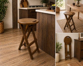 Tabouret pliant en bois foncé, tabouret en bois massif, tabouret peu encombrant, tabouret de cuisine en bois, tabouret compact, meubles minimalistes
