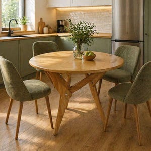 May include: A wooden dining table with four chairs. The table is round, with a natural wood finish and a distinctive leg design. The chairs are upholstered in olive green fabric. A vase of greenery and a bowl of fruit are on the table.