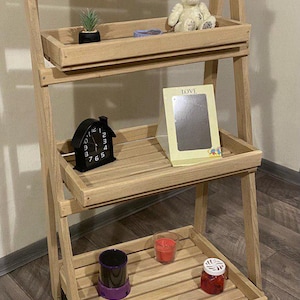 4 Tier ledder Oak shelf , wooden free standing adjustable wooden multi purpose storage rack, desk display shelf for flowers, folding storage