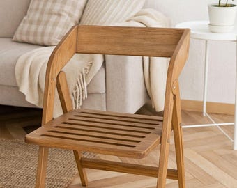 Silla plegable de madera con respaldo de fresno macizo, compacta y compacta, hecha a mano, estilo rústico.