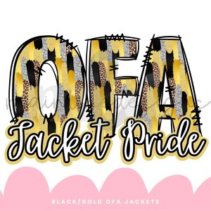 May include: A digital graphic with the text "OFA Jacket Pride" in a black and white outlined font. The letters "OFA" are filled with a gold, black, and silver brushstroke pattern. The bottom of the image has a pink scalloped border.