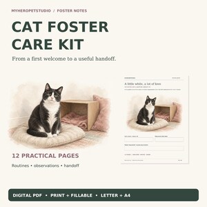 Agenda per l'affido temporaneo di gatti, registro giornaliero, profilo di adozione e schede di consegna, PDF stampabile e compilabile di 12 pagine, formato A4 + US Letter