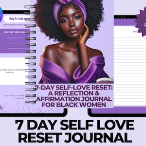May include: A purple journal with a 7-day self-love reset for Black women. The cover features a woman with a purple headband and a purple robe. The journal has 30 pages and includes prompts for reflection and affirmations.