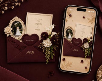 Burgundy Floral Wedding Website Template, Elegant Digital Invite Page, Editable Canva Design for Modern Couples